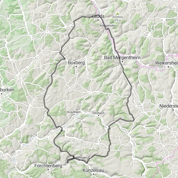Map miniature of "The Jagst Valley Ride" cycling inspiration in Stuttgart, Germany. Generated by Tarmacs.app cycling route planner