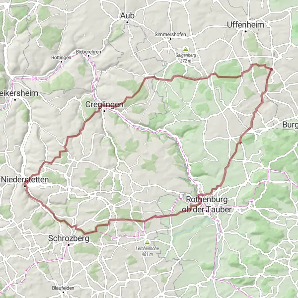 Map miniature of "Gravel Adventure: Creglingen Exploration" cycling inspiration in Stuttgart, Germany. Generated by Tarmacs.app cycling route planner