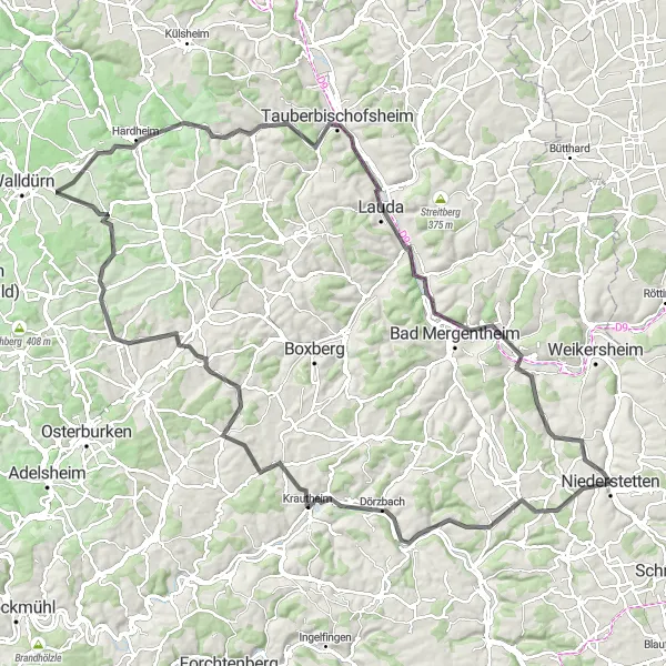 Map miniature of "Cycling Journey through Niederstetten and Beyond" cycling inspiration in Stuttgart, Germany. Generated by Tarmacs.app cycling route planner