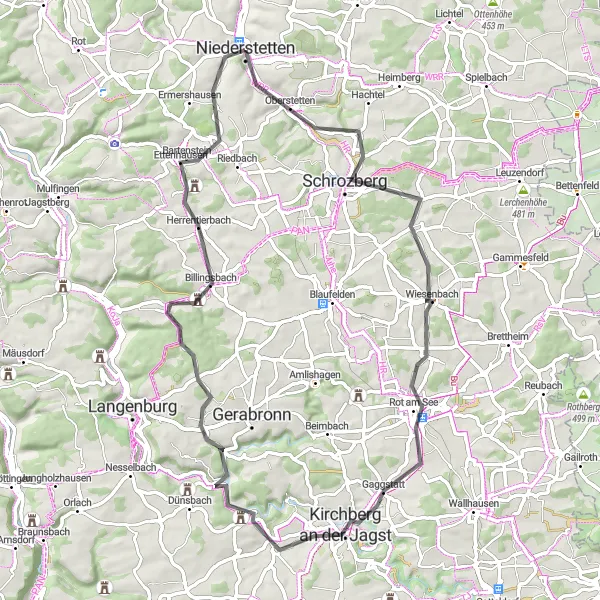 Map miniature of "Scenic Tour of Schrozberg and Kirchberg" cycling inspiration in Stuttgart, Germany. Generated by Tarmacs.app cycling route planner