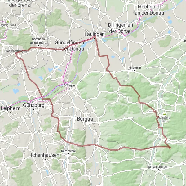 Karten-Miniaturansicht der Radinspiration "Gravel Tour von Niederstotzingen nach Riedhausen" in Stuttgart, Germany. Erstellt vom Tarmacs.app-Routenplaner für Radtouren