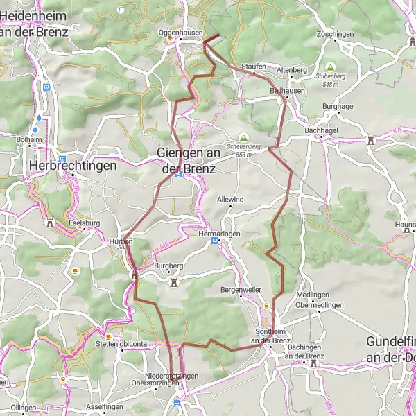 Karten-Miniaturansicht der Radinspiration "Rundtour durch Alpenblick und Giengen an der Brenz" in Stuttgart, Germany. Erstellt vom Tarmacs.app-Routenplaner für Radtouren