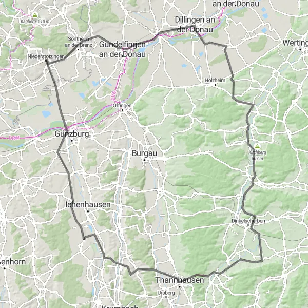 Karten-Miniaturansicht der Radinspiration "Road Tour von Niederstotzingen nach Günzburg" in Stuttgart, Germany. Erstellt vom Tarmacs.app-Routenplaner für Radtouren