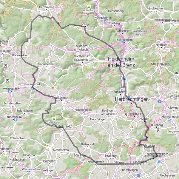 Map miniature of "Alb Mountain Loop" cycling inspiration in Stuttgart, Germany. Generated by Tarmacs.app cycling route planner