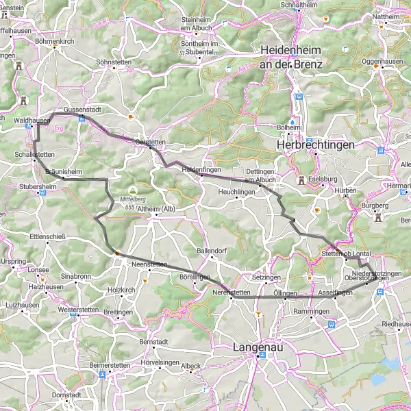 Karten-Miniaturansicht der Radinspiration "Erlebnistour durch Dettingen am Albuch und Gussenstadt" in Stuttgart, Germany. Erstellt vom Tarmacs.app-Routenplaner für Radtouren
