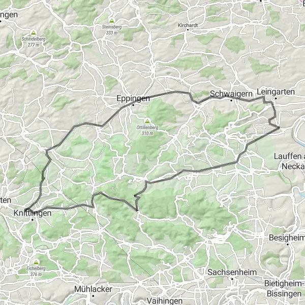 Karten-Miniaturansicht der Radinspiration "Radtour durch die Hügel um Nordheim" in Stuttgart, Germany. Erstellt vom Tarmacs.app-Routenplaner für Radtouren