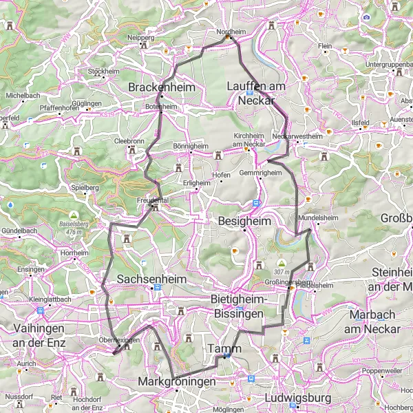 Karten-Miniaturansicht der Radinspiration "Straßenrundtour um Nordheim" in Stuttgart, Germany. Erstellt vom Tarmacs.app-Routenplaner für Radtouren