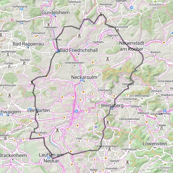 Karten-Miniaturansicht der Radinspiration "Kulturreiche Rundtour durch Nordheim" in Stuttgart, Germany. Erstellt vom Tarmacs.app-Routenplaner für Radtouren