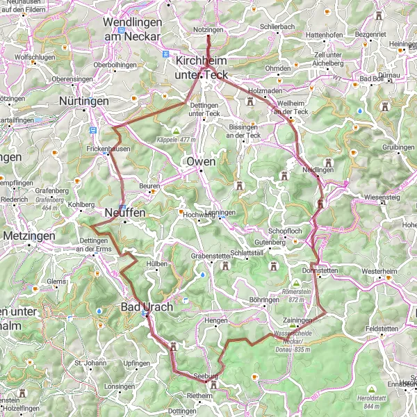 Map miniature of "Quarry and Waterfall Gravel Loop" cycling inspiration in Stuttgart, Germany. Generated by Tarmacs.app cycling route planner