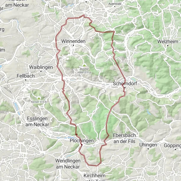 Map miniature of "Gravel Escape to Wernau and Beyond" cycling inspiration in Stuttgart, Germany. Generated by Tarmacs.app cycling route planner