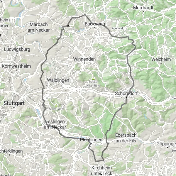 Karten-Miniaturansicht der Radinspiration "Geschichtsträchtige Radtour von Esslingen nach Reichenbach" in Stuttgart, Germany. Erstellt vom Tarmacs.app-Routenplaner für Radtouren