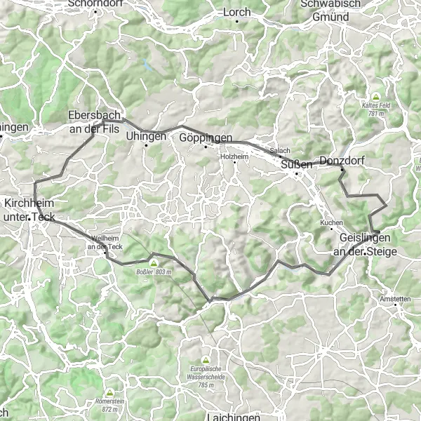 Map miniature of "The Uhingen Challenge" cycling inspiration in Stuttgart, Germany. Generated by Tarmacs.app cycling route planner