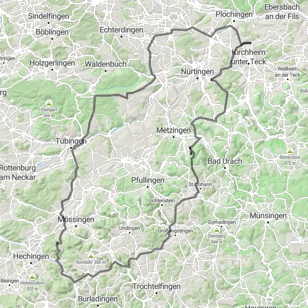 Karten-Miniaturansicht der Radinspiration "Rund um Notzingen und die Burgruine Stahleck" in Stuttgart, Germany. Erstellt vom Tarmacs.app-Routenplaner für Radtouren