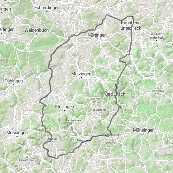 Map miniature of "Road Cycling Extravaganza" cycling inspiration in Stuttgart, Germany. Generated by Tarmacs.app cycling route planner
