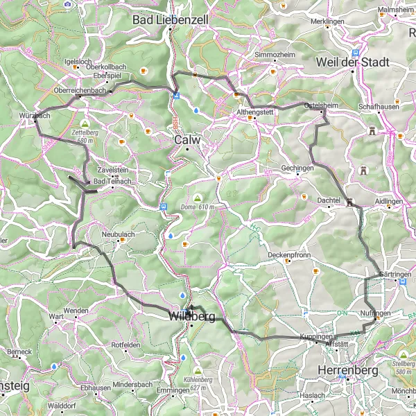 Karten-Miniaturansicht der Radinspiration "Schwarzwald-Rundtour von Nufringen" in Stuttgart, Germany. Erstellt vom Tarmacs.app-Routenplaner für Radtouren