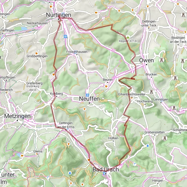 Karten-Miniaturansicht der Radinspiration "Scenic Gravel Route from Nürtingen" in Stuttgart, Germany. Erstellt vom Tarmacs.app-Routenplaner für Radtouren