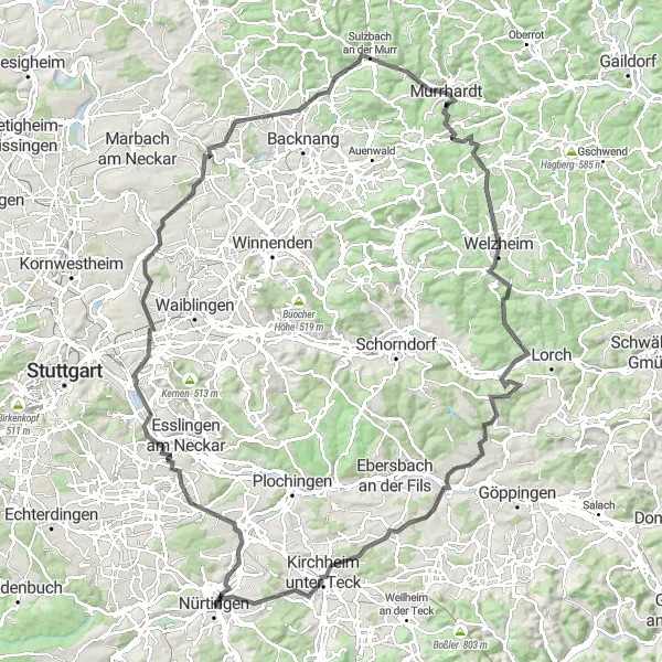 Karten-Miniaturansicht der Radinspiration "Eintägige Erlebnistour durchs Remstal" in Stuttgart, Germany. Erstellt vom Tarmacs.app-Routenplaner für Radtouren