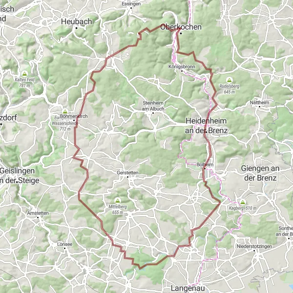 Map miniature of "Explore the Gravel Roads and Hills around Oberkochen" cycling inspiration in Stuttgart, Germany. Generated by Tarmacs.app cycling route planner