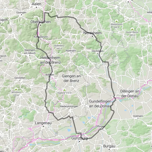 Map miniature of "Historical Road Cycling Tour to Günzburg" cycling inspiration in Stuttgart, Germany. Generated by Tarmacs.app cycling route planner