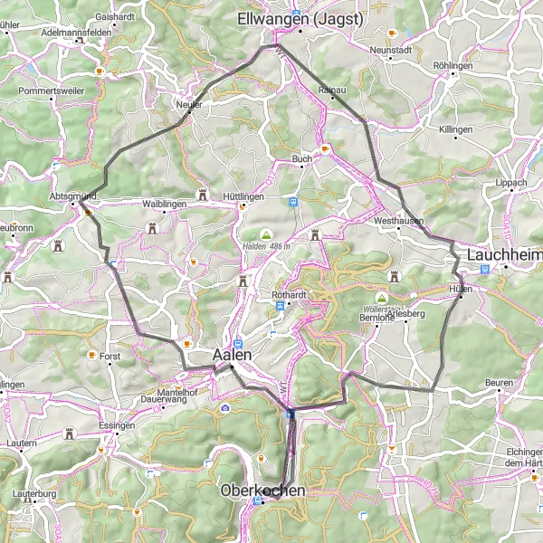 Map miniature of "Aalen's Hilltops and Landscapes" cycling inspiration in Stuttgart, Germany. Generated by Tarmacs.app cycling route planner