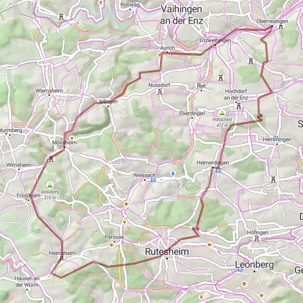Map miniature of "Exploring Gravel Trails near Oberriexingen" cycling inspiration in Stuttgart, Germany. Generated by Tarmacs.app cycling route planner