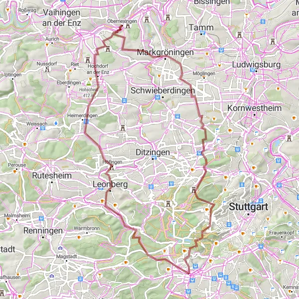 Map miniature of "The Gravel Adventure" cycling inspiration in Stuttgart, Germany. Generated by Tarmacs.app cycling route planner