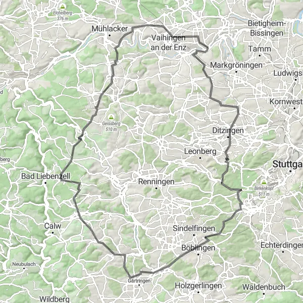 Map miniature of "Scenic Routes and Railway History" cycling inspiration in Stuttgart, Germany. Generated by Tarmacs.app cycling route planner