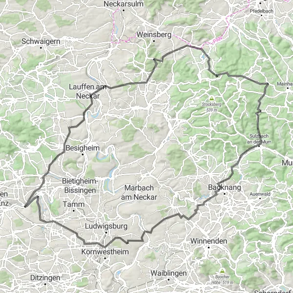 Map miniature of "Round-trip Cycling Route from Oberriexingen" cycling inspiration in Stuttgart, Germany. Generated by Tarmacs.app cycling route planner