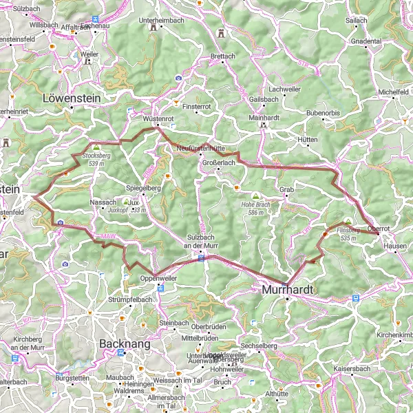 Karten-Miniaturansicht der Radinspiration "Flinsberg und Großerlach Rundkurs" in Stuttgart, Germany. Erstellt vom Tarmacs.app-Routenplaner für Radtouren