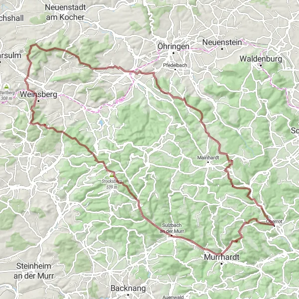 Karten-Miniaturansicht der Radinspiration "Gravel-Abenteuer durch die Natur um Oberrot" in Stuttgart, Germany. Erstellt vom Tarmacs.app-Routenplaner für Radtouren