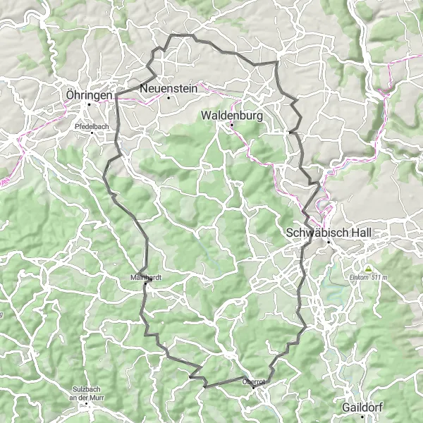 Karten-Miniaturansicht der Radinspiration "Kulturlandschaft Hohenlohe" in Stuttgart, Germany. Erstellt vom Tarmacs.app-Routenplaner für Radtouren