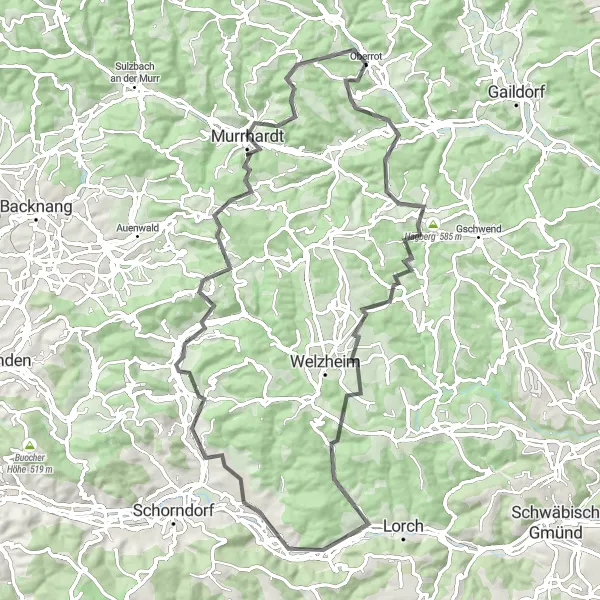 Karten-Miniaturansicht der Radinspiration "Hagbergturm und Burg Urbach Rundweg" in Stuttgart, Germany. Erstellt vom Tarmacs.app-Routenplaner für Radtouren