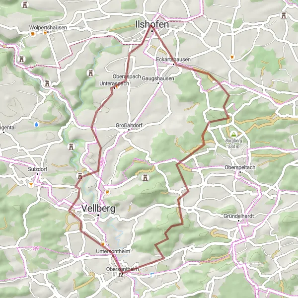 Map miniature of "Idyllic Obersontheim Gravel Ride" cycling inspiration in Stuttgart, Germany. Generated by Tarmacs.app cycling route planner