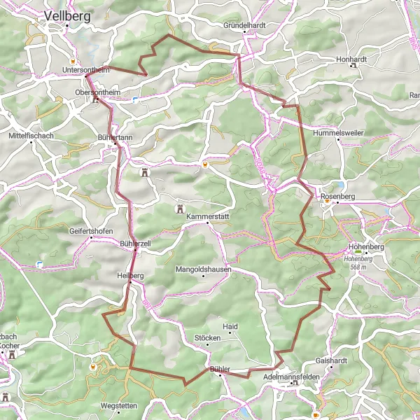 Map miniature of "Gravel Cycling Route: Obersontheim to Bühlertann" cycling inspiration in Stuttgart, Germany. Generated by Tarmacs.app cycling route planner