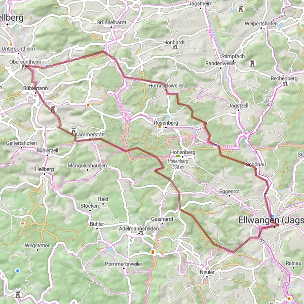 Map miniature of "Gravel Cycling Route: Obersontheim to Obersontheim" cycling inspiration in Stuttgart, Germany. Generated by Tarmacs.app cycling route planner