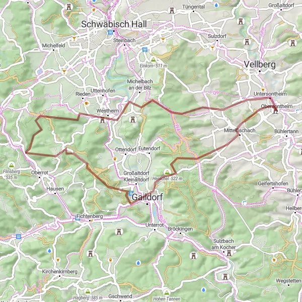 Map miniature of "Herschel Gravel Route" cycling inspiration in Stuttgart, Germany. Generated by Tarmacs.app cycling route planner