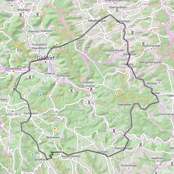 Map miniature of "Spraitbach and Gaildorf Loop" cycling inspiration in Stuttgart, Germany. Generated by Tarmacs.app cycling route planner