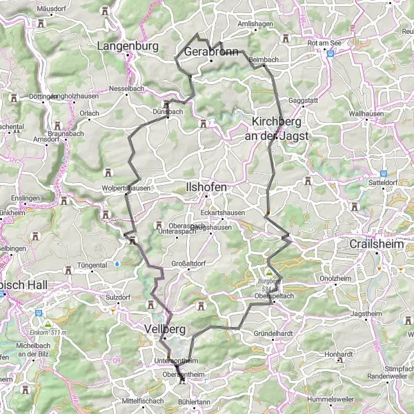 Map miniature of "Tales of Vellberg and Kirchberg" cycling inspiration in Stuttgart, Germany. Generated by Tarmacs.app cycling route planner