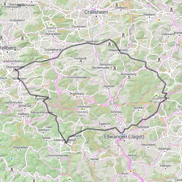 Map miniature of "Road Cycling Route: Obersontheim to Adelmannsfelden" cycling inspiration in Stuttgart, Germany. Generated by Tarmacs.app cycling route planner