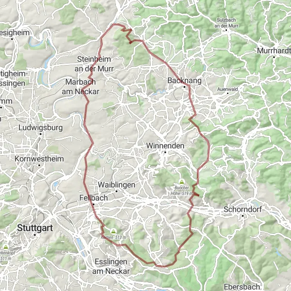 Map miniature of "Gravel Adventure in Oberstenfeld" cycling inspiration in Stuttgart, Germany. Generated by Tarmacs.app cycling route planner