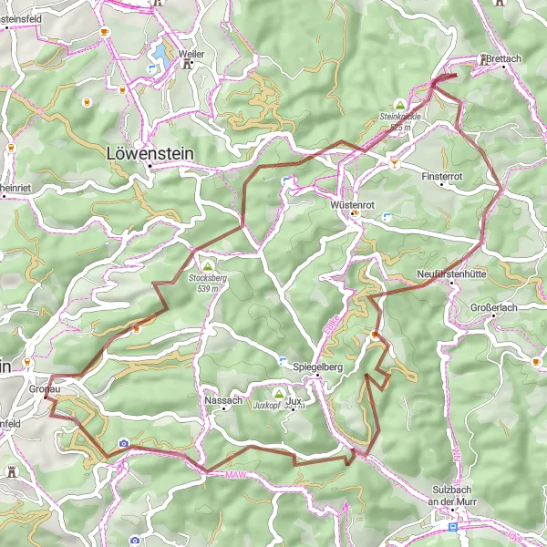 Map miniature of "Oberstenfeld Stocksberg Gravel Loop" cycling inspiration in Stuttgart, Germany. Generated by Tarmacs.app cycling route planner