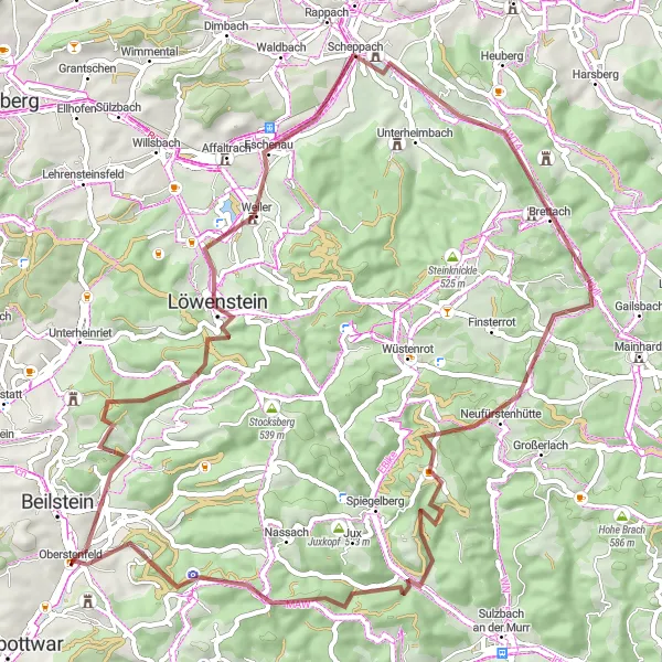 Map miniature of "Oberstenfeld Gravel Adventure" cycling inspiration in Stuttgart, Germany. Generated by Tarmacs.app cycling route planner