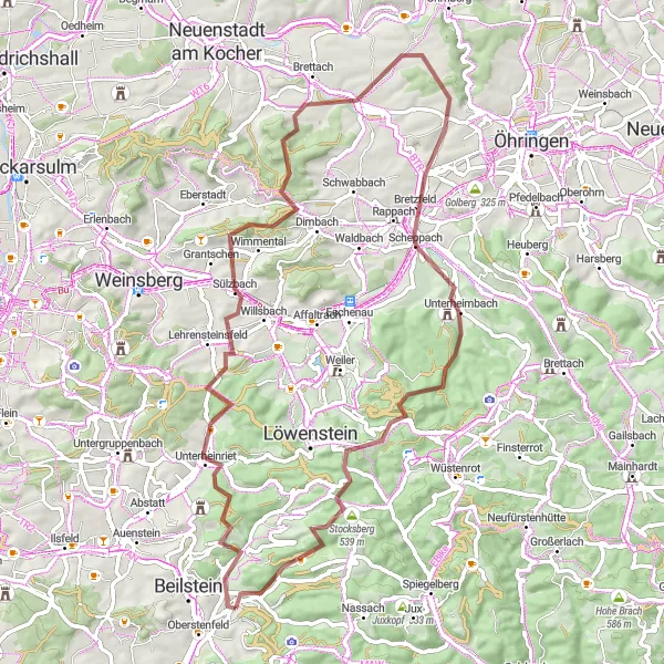 Map miniature of "Cycling Adventure in Oberstenfeld" cycling inspiration in Stuttgart, Germany. Generated by Tarmacs.app cycling route planner