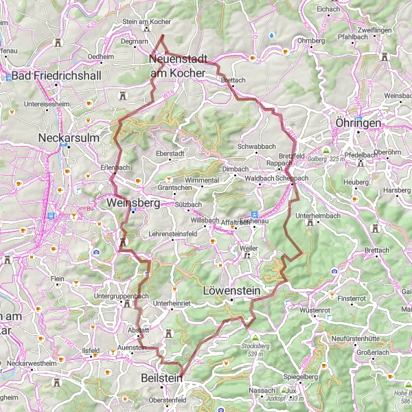 Map miniature of "Scenic Gravel Route near Oberstenfeld" cycling inspiration in Stuttgart, Germany. Generated by Tarmacs.app cycling route planner