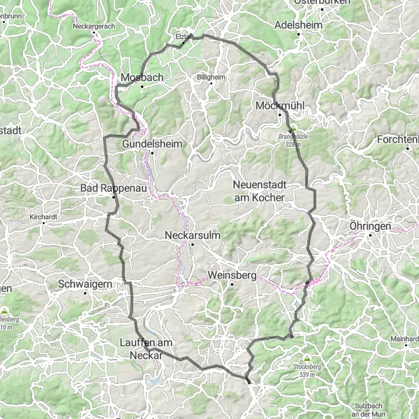 Karten-Miniaturansicht der Radinspiration "Mosbach Erkundungstour" in Stuttgart, Germany. Erstellt vom Tarmacs.app-Routenplaner für Radtouren