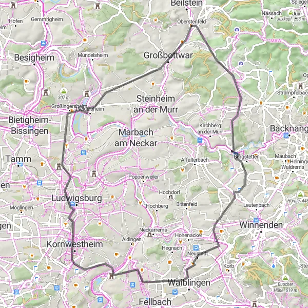 Map miniature of "The Steinburren Loop" cycling inspiration in Stuttgart, Germany. Generated by Tarmacs.app cycling route planner