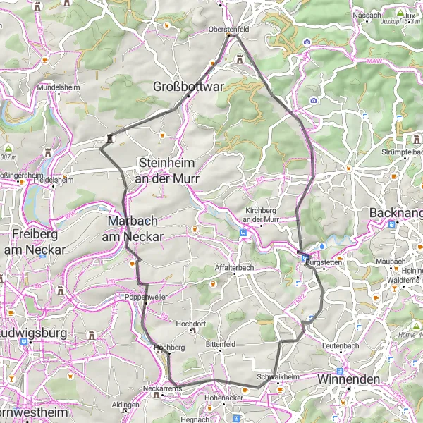 Map miniature of "Oberstenfeld Steinburren Loop" cycling inspiration in Stuttgart, Germany. Generated by Tarmacs.app cycling route planner