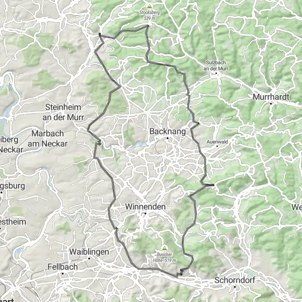Map miniature of "Road Cycling Extravaganza from Oberstenfeld" cycling inspiration in Stuttgart, Germany. Generated by Tarmacs.app cycling route planner