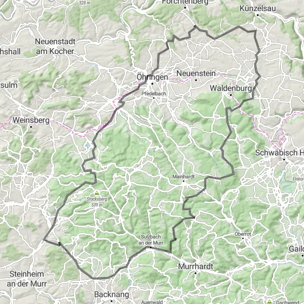 Map miniature of "Cycling Challenge from Oberstenfeld" cycling inspiration in Stuttgart, Germany. Generated by Tarmacs.app cycling route planner