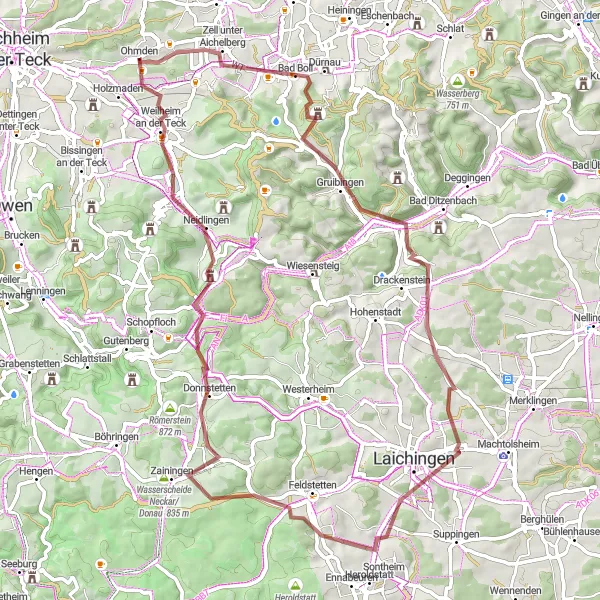 Map miniature of "Aichelberg and Laichingen Gravel Adventure" cycling inspiration in Stuttgart, Germany. Generated by Tarmacs.app cycling route planner